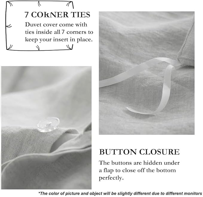 Simple&Opulence 100% French Flax Linen Duvet Cover Set with Embroidery Washed - 3 Pieces (1 Duvet Cover with 2 Pillow Shams) with Button Closure Soft Breathable Farmhouse - Light Grey, King Size