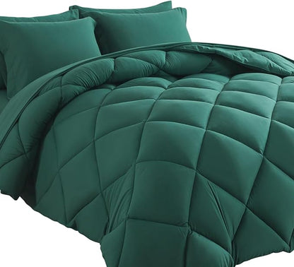 Cosybay Bed in a Bag Full Comforter Sets 7pcs All Season Solid Down Alternative Bedding Sets Dark Green with Comforter, Pillow Shams, Flat Sheet, Fitted Sheet and Pillowcases