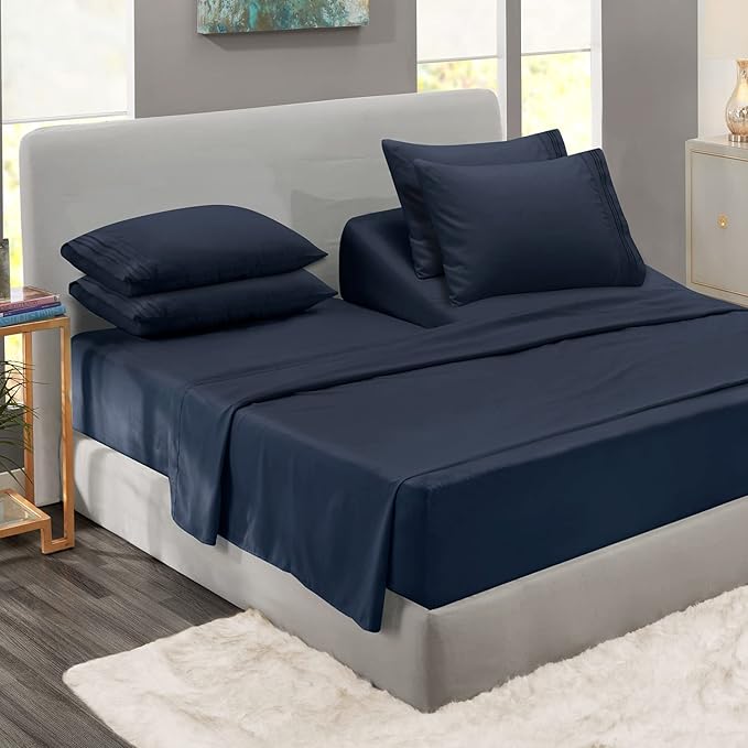 Clara Clark Flex Top King Sheets, 6 Piece Set - Hotel Luxury Sheets for Top Split King Bed, Super Soft Bedding Set, Head Split King Navy Blue