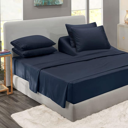 Clara Clark Flex Top King Sheets, 6 Piece Set - Hotel Luxury Sheets for Top Split King Bed, Super Soft Bedding Set, Head Split King Navy Blue