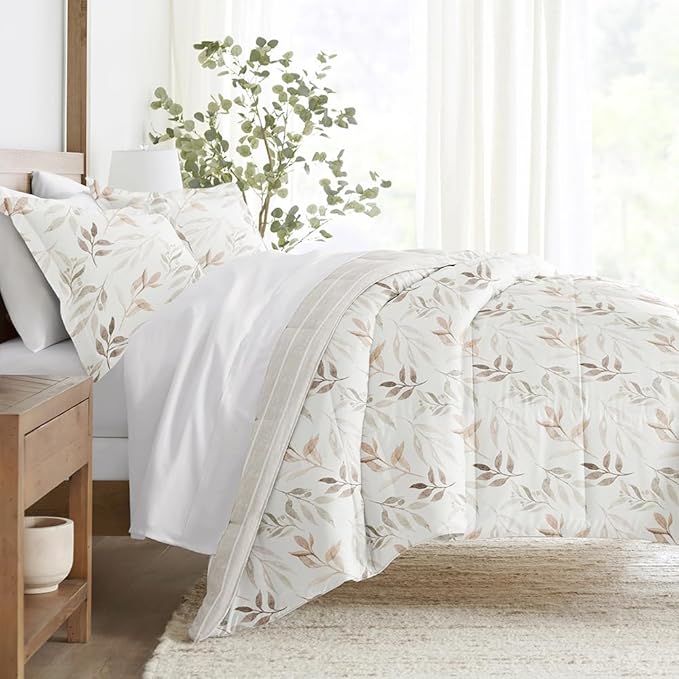 LINENS & HUTCH Comforter Set Patterned Microfiber All Season Down-Alternative Ultra Soft Bedding in Foliage Stripe - King/Cal-King Foliage Stripe Ivory