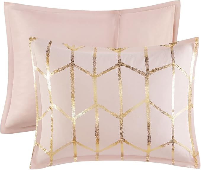 Intelligent Design Raina Comforter Microfiber Metallic Print Geometric Design Embroidered Toss Pillow Modern Trendy Casual All Season Bedding Set Matching Sham, Full/Queen, Blush/Gold 5 Piece