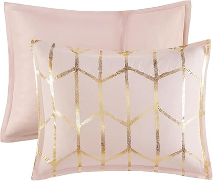Intelligent Design Raina Comforter Microfiber Metallic Print Geometric Design Embroidered Toss Pillow Modern Trendy Casual All Season Bedding Set Matching Sham, Full/Queen, Blush/Gold 5 Piece