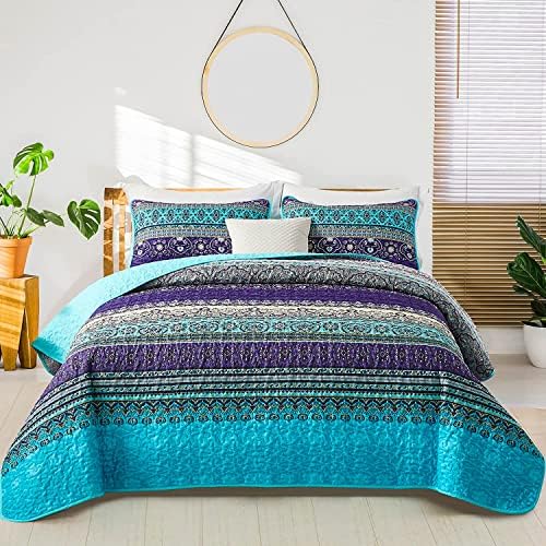WONGS BEDDING Boho Full Quilt Bedding Set, 3 Pieces Soft Bedspread, Blue
