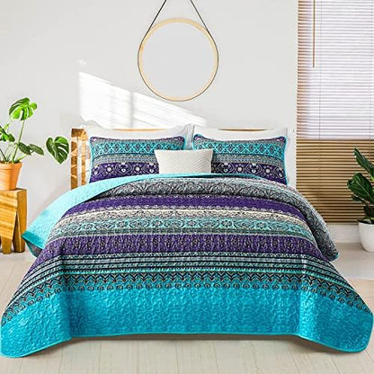 WONGS BEDDING Boho Full Quilt Bedding Set, 3 Pieces Soft Bedspread, Blue