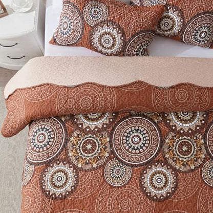 LEAONME 3-Piece Full Queen Size Burnt Orange Rust Quilt Set Lightweight Oversized Bedspread 90''x98'' Soft Microfiber Floral Coverlet Luxurious Warm Bed Cover for All Seasons (1 Quilt, 2 Pillow Shams)