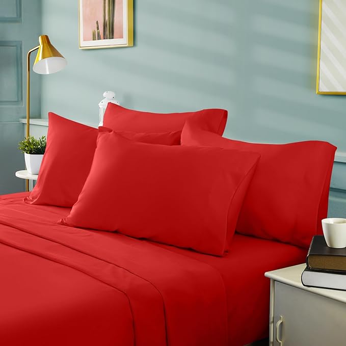 BYSURE 6 Pieces Bed Sheets Set(Queen, Cherry Red) - Hotel Luxury Super Soft 1800 Thread Count 100% Microfiber Sheets with Deep Pockets, Wrinkle & Fade Resistant