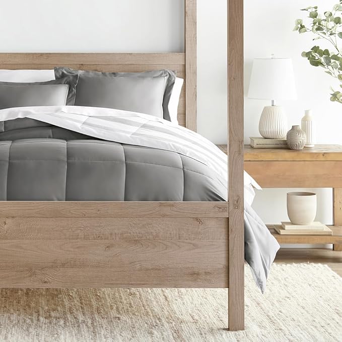 LINENS & HUTCH Comforter Set Patterned Microfiber All Season Down-Alternative Ultra Soft Bedding in Stitched Stripe - Full/Queen Stitched Stripe Gray