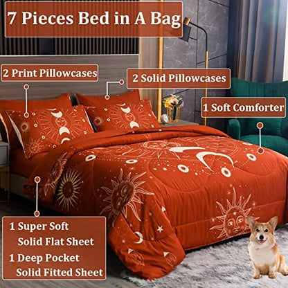Celestial Bdding 7 Pieces Burnt Orange Comforter Set Boho Bedding Witchy Bedding Set Hippie Bed Set Starry Galaxy Comforter Set Sun and Moon Bed Set Queen
