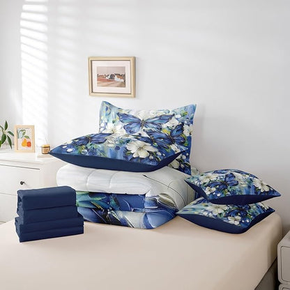 Erosebridal 7 Piece Blue Butterfly King Bedding Set with Sheets for Girls White Flowers Oil Painting Boho Bed in A Bag Retro Floral Butterfly Comforter Set,Aesthetics Bohemian Animal Bed Set