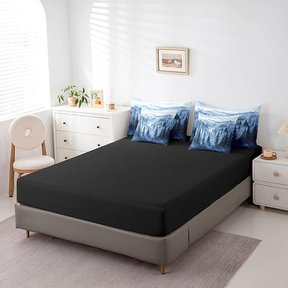 Erosebridal Boys Blue Forest Twin Comforter Set with Sheets 7 Piece,Rustic Woodland Pine Tree Bedding Set,Jungle Smoky Mountain Bed in A Bag for Kids Adults Men Retro Natural Landscape Bed Set