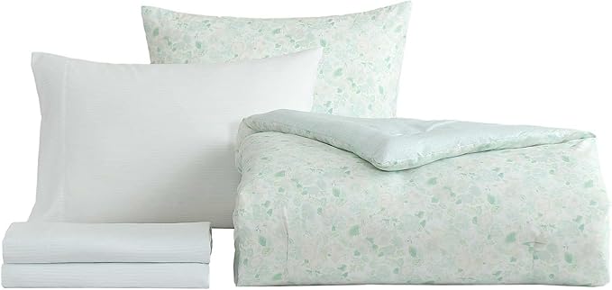 Laura Ashley - Twin Comforter Set, Soft & Reversible Floral Bedding with Bonus Bed Sheets & Pillowcases, 5 Piece Bed Set for Year Round Comfort (Quartet Jaynie Ticking/Stripe Blue)
