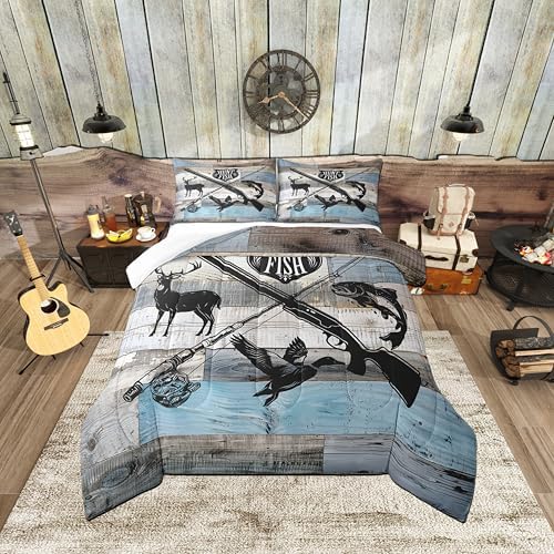 Hunt Fish Bedding Comforters Queen Size,Deer Bird Fish Animal Hunting Comforter Set Adult Women Room Decor,Rustic Retro Wooden Board Soft Duvet Set with 2 Pillowcases,3Pcs