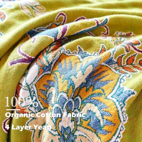 VANJOROY Boho Throw Blanket 60" x 80", 100% Organic Cotton Breathable Ultra Soft Bed Quilt Throw - All Season Luxury Floral Farmhouse Decor Blanket for Sofa Couch Chair and Gift. Green/Blue