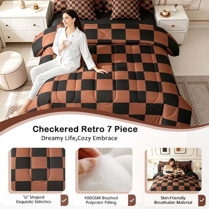 Feelyou Checkered 7 Piece Bedding Set Teen Brown Black Plaid Comforter Set with Sheets Full Size Kids Boys Cute Retro Neutral Checkerboard Geometric Bed in a Bag Vintage Aesthetic Room Decor