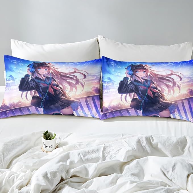 Erosebridal Anime Girl Fitted Sheet Queen Size, Japanese Anime Bedding Set for Kids Boys Teens Bedroom Decor, Cartoon Girl Bed Sheets Kawaii Japanese Animation Bed Set with 2 Pillow Cases