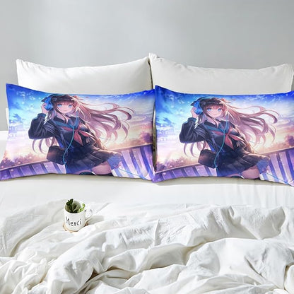 Erosebridal Anime Girl Fitted Sheet Queen Size, Japanese Anime Bedding Set for Kids Boys Teens Bedroom Decor, Cartoon Girl Bed Sheets Kawaii Japanese Animation Bed Set with 2 Pillow Cases