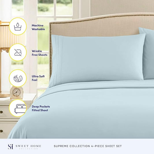 RV Queen Bed Sheets - Breathable Luxury Sheets with Full Elastic & Secure Corner Straps Built In - 1800 Supreme Collection Extra Soft Deep Pocket Bedding Set, Sheet Set, RV Short Queen, Light Blue