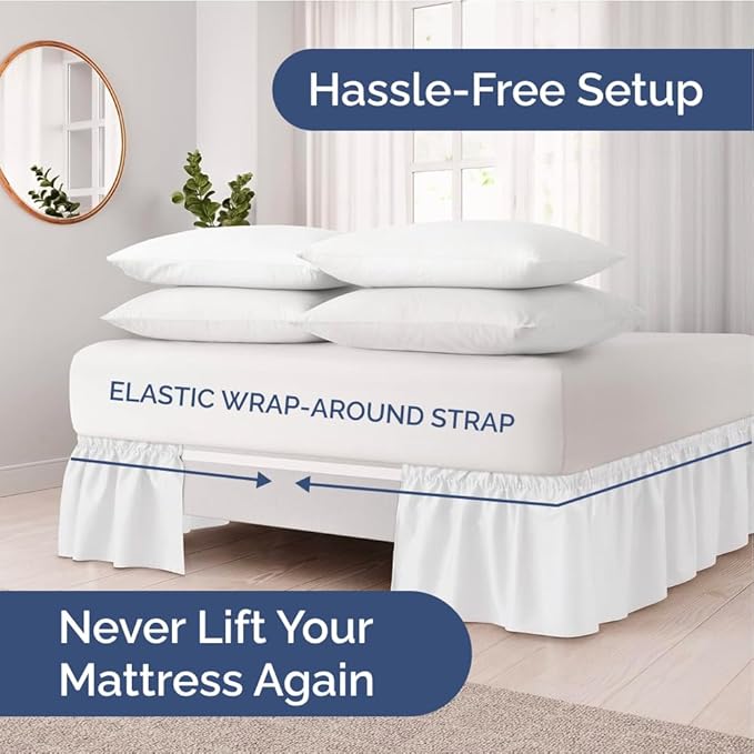 Wrap Around Dust Ruffle Bed Skirt - White - for Full Size Beds with 18 Inch Drop - Easy Fit Elastic Strap - Adjustable Pleated Bedskirt w/Brushed Fabric - Wrinkle Free - for Women, Men, Kids & Teens
