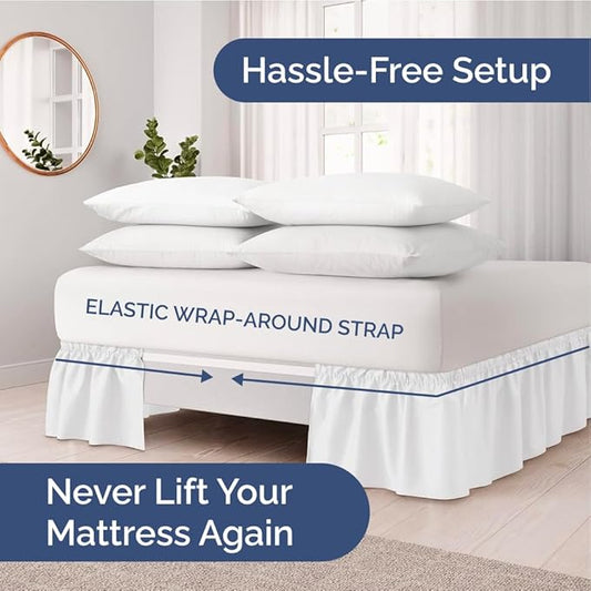 Wrap Around Dust Ruffle Bed Skirt - White - for Queen Size Beds with 18 Inch Drop - Easy Fit Elastic Strap - Adjustable Pleated Bedskirt w/Brushed Fabric - Wrinkle Free - for Women, Men, Kids & Teens