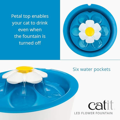 Catit LED Flower Fountain with Triple Action Filter, 3 L, Blue | Cat Drinking Water Fountain
