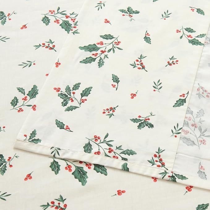 DAUAOTO 100% Cotton Bedding Christmas Printed Sheets Set for Full Size Bed Up to 14" Deep Mattress, Bedlinen Sets Holly Berries Pattern