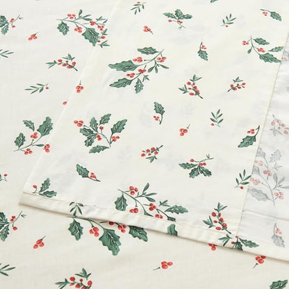 DAUAOTO 100% Cotton Bedding Christmas Printed Sheets Set for Full Size Bed Up to 14" Deep Mattress, Bedlinen Sets Holly Berries Pattern