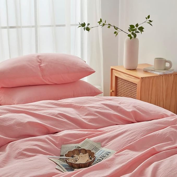 FACE TWO FACE Bedding Duvet Cover Set 3 Pieces 100% Washed Cotton Duvet Cover Linen Like Textured Breathable Durable Soft Comfy (California King, Light Pink)