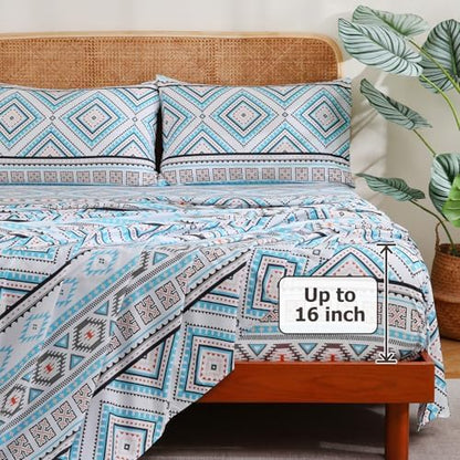 CozySmile 4 Pieces Queen Sheet Set Bohemian, Boho Sheets Soft Microfiber Deep Pocket, Western Sheets Geometric(Queen, Turquoise Geometric)