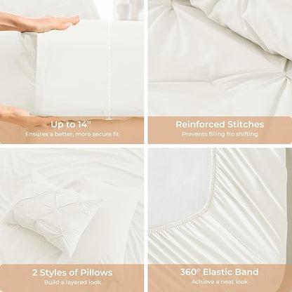 Sasttie King Size Comforter Set, 7-Piece Bed in a Bag, Pintuck Bedding Set for All Season, Includes Comforter, Flat Sheet, Fitted Sheet, Pillowcases and Pillowshams, Ivory
