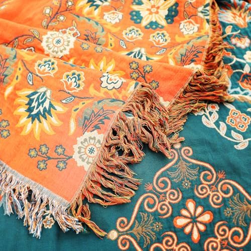 VANJOROY Boho Large Throw Blanket, 100% Organic Muslin Cotton Breathable Soft Bed Throw - Floral Farmhouse Decor Blanket for Sofa Couch Chair and Gift. 80" x 90"- Orange