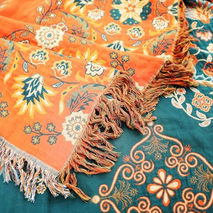 VANJOROY Boho Large Throw Blanket, 100% Organic Muslin Cotton Breathable Soft Bed Throw - Floral Farmhouse Decor Blanket for Sofa Couch Chair and Gift. 80" x 90"- Orange