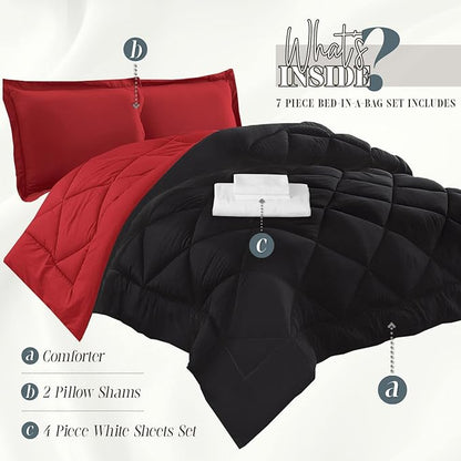 Elegant Comfort 7-Piece Queen Size Bed-in-a-Bag - Luxurious 1500 Thread Count Comforter & Sheet Set, Cozy Bed Sheets and Comforter Set, Wrinkle and Stain Resistant, Black/Burgundy