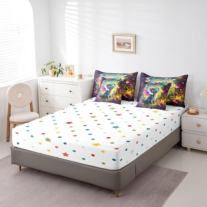 7 Pieces Queen Size Kawaii Dragon Comforter Set,Fantasy Fairy Tale Jungle Bedding Set for Kids Room Decor,Cartoon Magical Wildlife (Comforter+Fitted+Flat Sheet+2 Pillowcases+2 Throw Pillow Covers