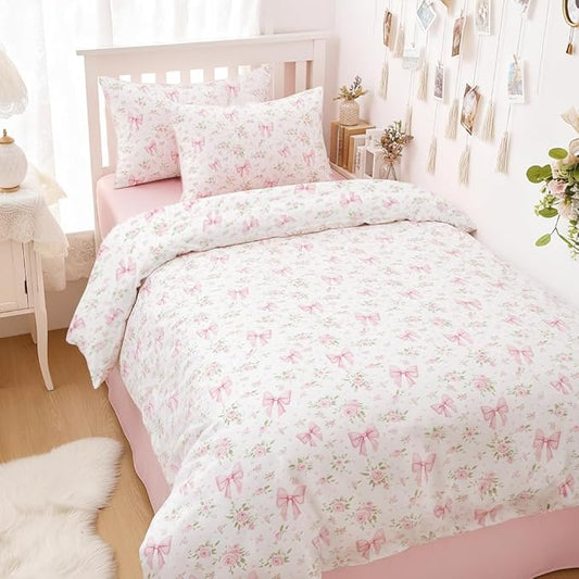 Nayoroom Pink Bow Comforter Set Queen Size White Green Leaf Floral Comforter 3 Pieces Girls Soft Lightweight Cute Coquette Bedding Set for All Seasons