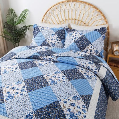 HoneiLife Quilt Set King Size - 3 Piece Microfiber Quilts Reversible Bedspreads Patchwork Coverlets Floral Bedding Set All Season Quilts with Blue and White Porcelain Pattern