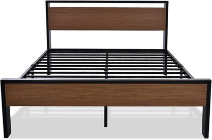 SHA CERLIN 14 Inch Queen Size Metal Platform Bed Frame with Wooden Headboard and Footboard, Mattress Foundation, No Box Spring Needed, Large Under Bed Storage, Non-Slip Without Noise, Walnut