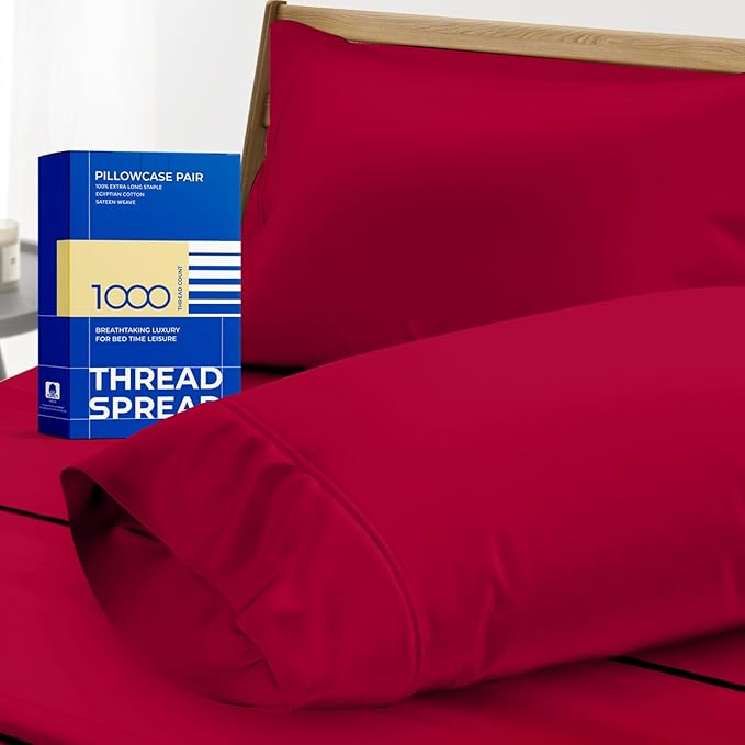 Thread Spread 100% Egyptian Cotton Pillow Cases Queen Size Set of 2 - Luxury 1000 Series Paradise Collection Queen Pillow Cases (Red), Soft Cooling Sateen Hotel Egyptian Cotton Pillowcases