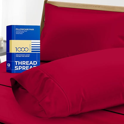 Thread Spread 100% Egyptian Cotton Pillow Cases Queen Size Set of 2 - Luxury 1000 Series Paradise Collection Queen Pillow Cases (Red), Soft Cooling Sateen Hotel Egyptian Cotton Pillowcases