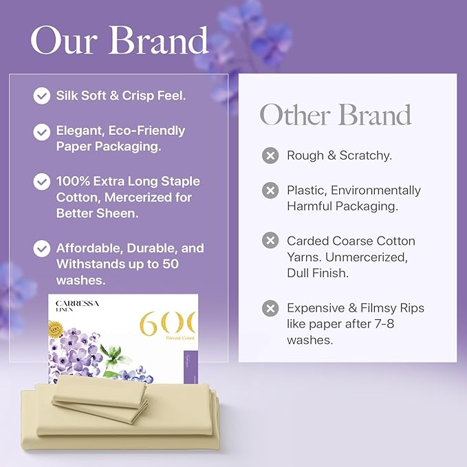 Carressa Linen 100% Egyptian Cotton Split King Sheets Sets for Adjustable Bed - 600 Thread Count 5 PC Top Split King Sheets, 16" Deep Pocket Soft Cooling Sheets for Split King Adjustable Bed - Sand