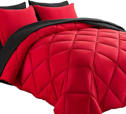 Cosybay Bed in a Bag Full Reversible Comforter Sets 7pcs All Season Down Alternative Bedding Sets Red and Black with Comforter, Pillow Shams, Flat Sheet, Fitted Sheet and Pillowcase