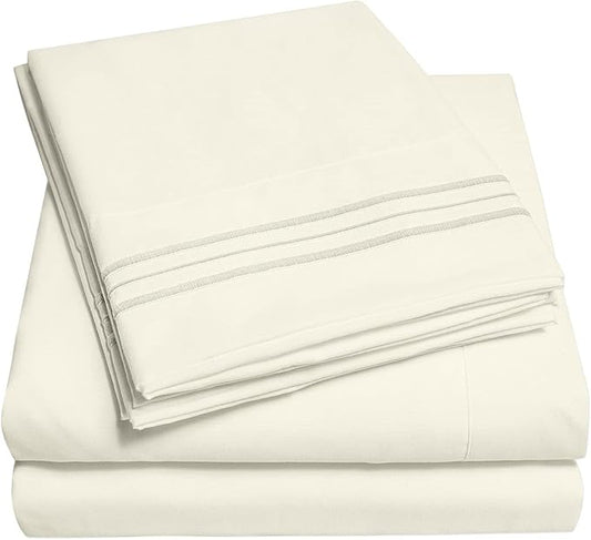 RV Queen Bed Sheets - Breathable Luxury Sheets with Full Elastic & Secure Corner Straps Built In - 1800 Supreme Collection Extra Soft Deep Pocket Bedding Set, Sheet Set, RV Short Queen, Ivory