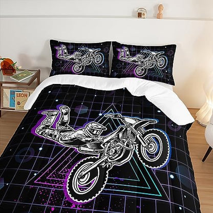 HOSIMA Motorcycle Racer Comforter Extreme Sports Theme Bedding Set for Kids Teens Men, King Size, Purple Line Grid Black Comforter with 2 Pillowcases.
