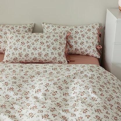 VM VOUGEMARKET Peach Flower Bedding Set King Chic Girls Floral Duvet Cover with Zipper Closure 100% Cotton Blush Pink Comforter Cover Set(3 pcs,104x90)