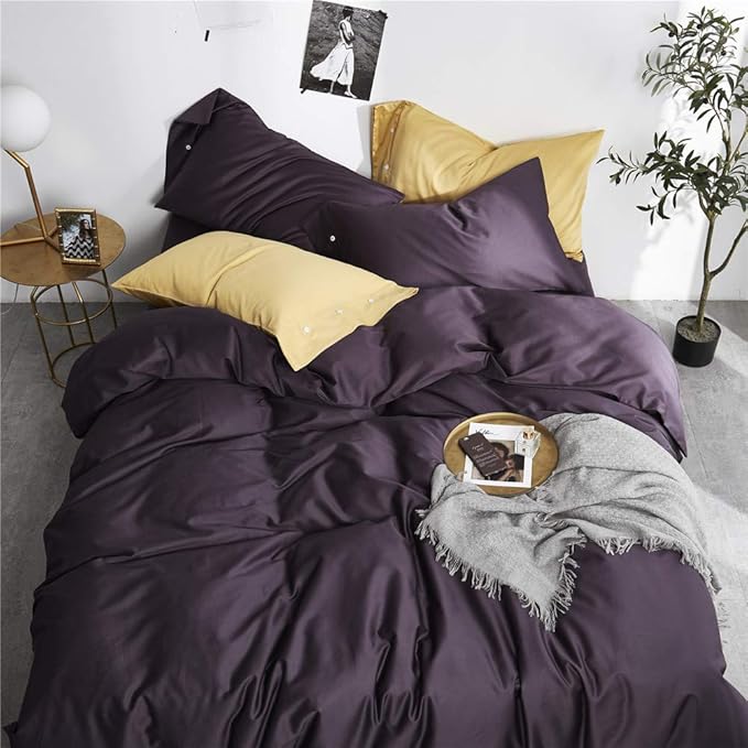 EAVD Solid Color Dark Purple Duvet Cover Queen Soft 100% Cotton Purple Bedding with 2 Button Pillowcases Luxury Modern Style Purple Comforter Set with Zipper Closure(NO Comforter)