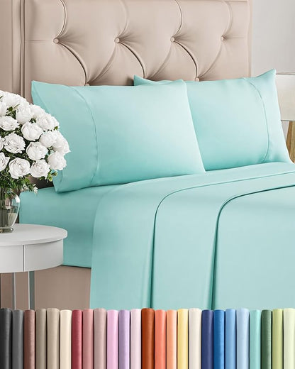 Twin XL 4 Piece Sheet Set - Comfy Breathable & Cooling - Ultra-Soft Hotel Luxury Bedding Set w/ 8-16 Inch Deep Pockets - 1 Flat & 1 Fitted Sheet & 2 Pillowcases - Wrinkle Free & Easy Care - Spa Blue
