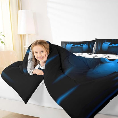 Feelyou Boys Gamer Comforter Set Toddler Size Bedding Set for Kids Gaming Comforter Blue Black Video Games Gamepad Room Decor for Teens Child Super Soft Geometric Duvet Quilted Son Grandson Gift