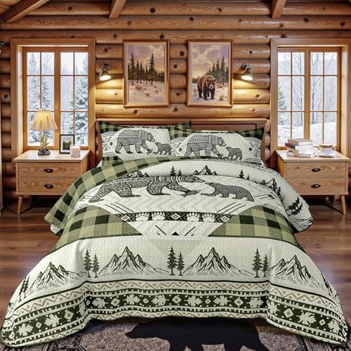 3 Piece Cabin Full/Queen Quilt Sets Farmhouse Rustic Reversible Microfiber Soft Lightweight Bedspread Comforter with 2 Shams Patchwork Country Lodge Bedding Quilts Set for All Season, 90''x96'', Green