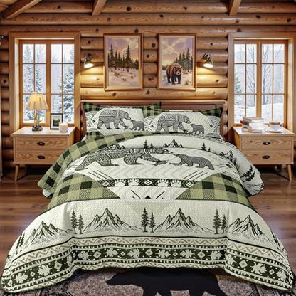 3 Piece Cabin Full/Queen Quilt Sets Farmhouse Rustic Reversible Microfiber Soft Lightweight Bedspread Comforter with 2 Shams Patchwork Country Lodge Bedding Quilts Set for All Season, 90''x96'', Green