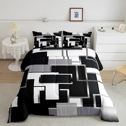 Erosebridal Geometric Comforter Sets Queen Black and White Bedding Set for Kids Teens Youth,Modern Ombre Quilt Set Soft,Mid Century Square Duvet Insert with 2 Pillow Shams Lightweight Warm